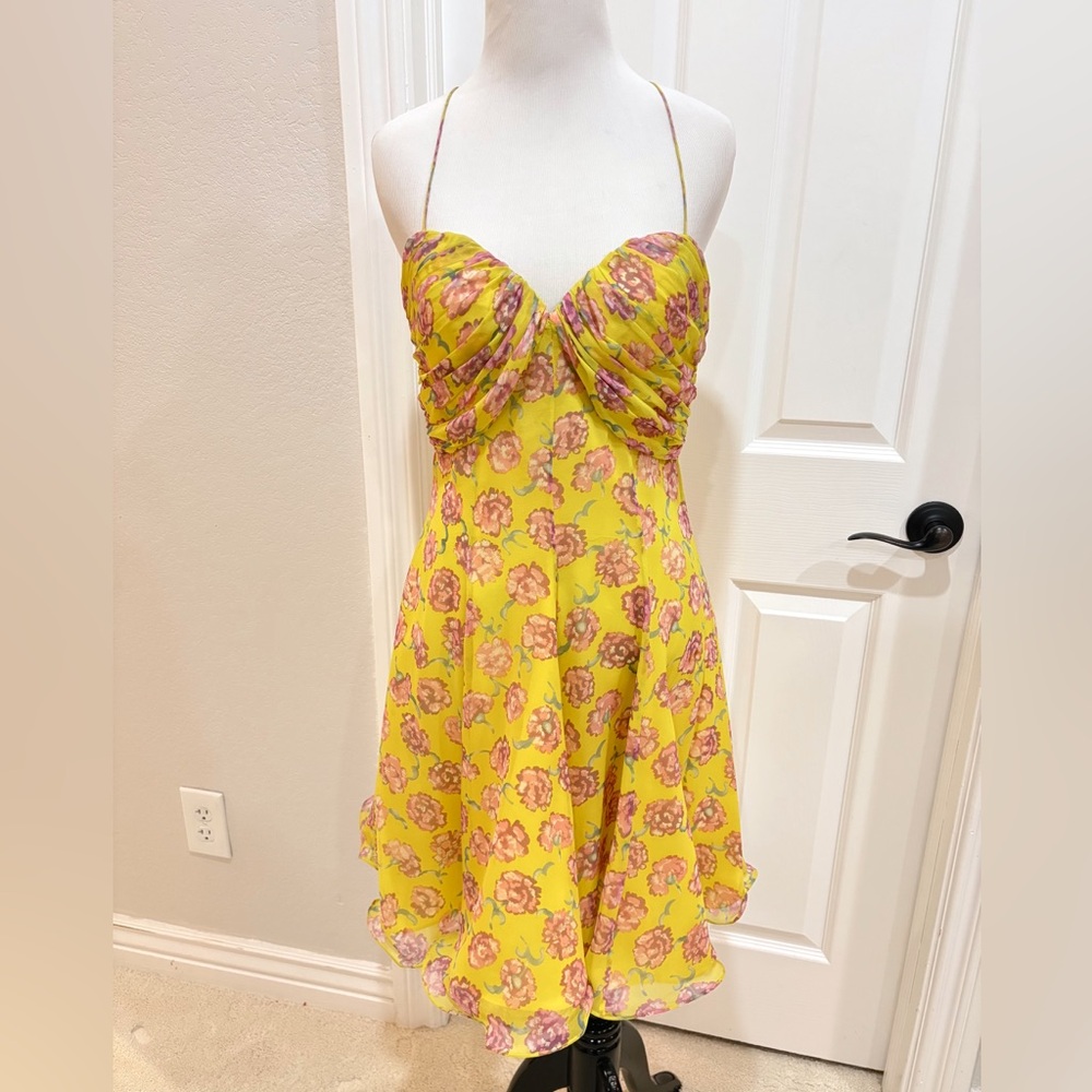 Niteline Della Roufogali Yellow Floral Dress 100% Silk 8